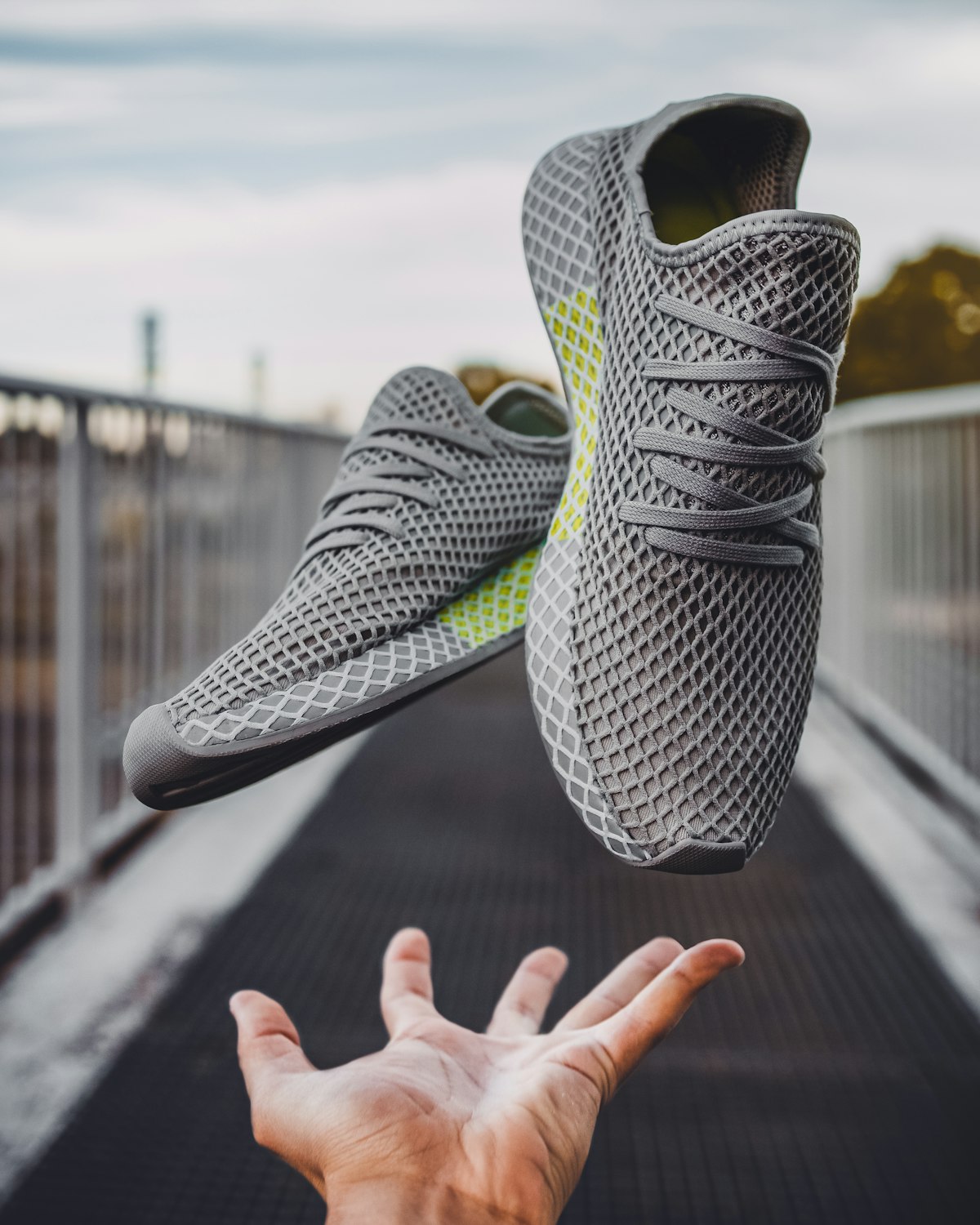 Grey engineered-knit running shoes